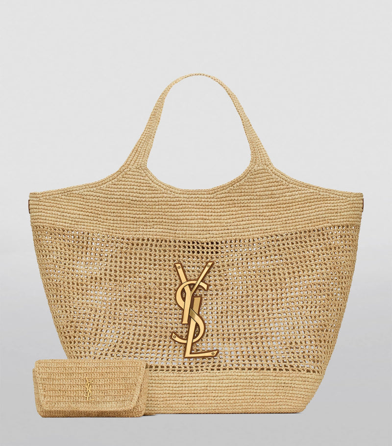 Saint Laurent Icare tote bag woven raffia gold-tone YSL emblem (British brand)