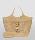 Saint Laurent Icare tote bag woven raffia gold-tone YSL emblem (British brand)