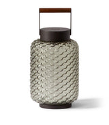 Harrods Rechargeable Portable Outdoor Lamp with Textured Blown-Glass and Iroko Wood Handle, 42cm Height- Buy online at McGrocer