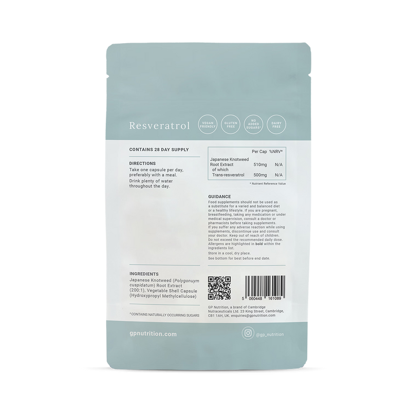 GP Nutrition resveratrol supplement capsules, imported from the UK