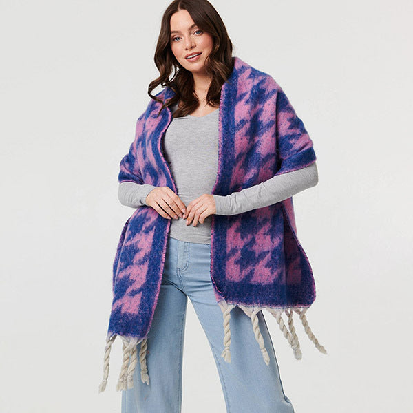 Izabel London houndstooth print oversize fringed scarf - British product