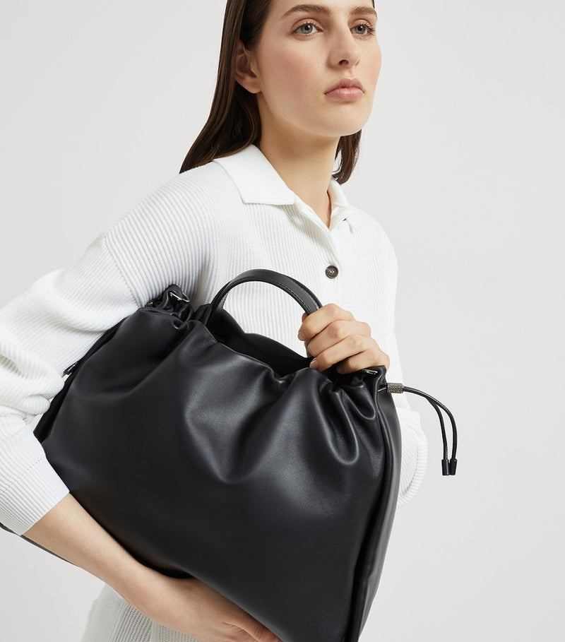 Brunello Cucinelli large leather Mellow bucket bag, imported from the UK