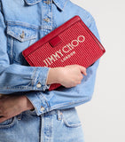 Jimmy Choo raffia leather-trim Avenue pouch, UK version
