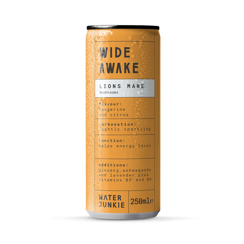 Water Junkie Wide Awake Lions Mane sparkling tangerine citrus drink 250ml, UK version