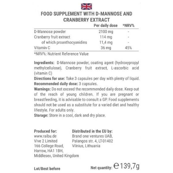 RAIBU D-Mannose supplement with cranberry and vitamin C 160 caps - British product