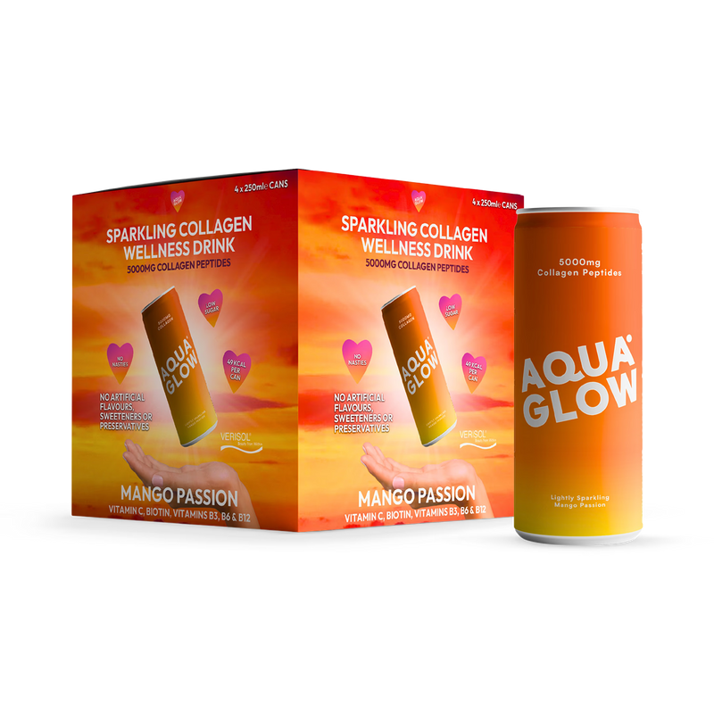 AQUA GLOW Mango Passion collagen drink 4x250ml, imported from the UK