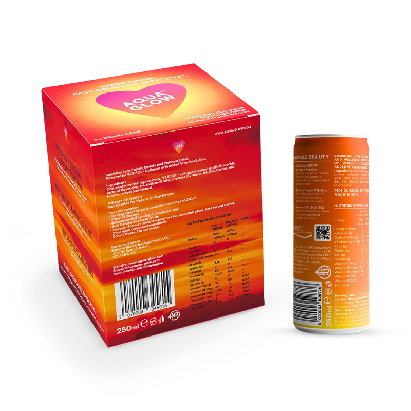 AQUA GLOW Mango Passion collagen drink 4x250ml, imported from the UK