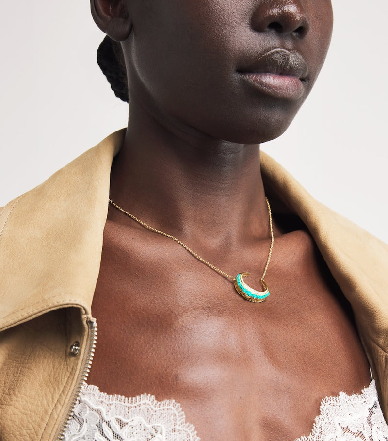 Jacquie Aiche small crescent moon gold turquoise diamond necklace, UK version