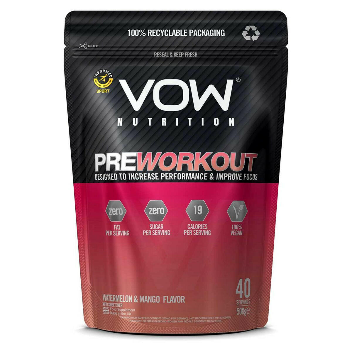 VOW Nutrition Pre-Workout Watermelon & Mango 500g GOODS Boots