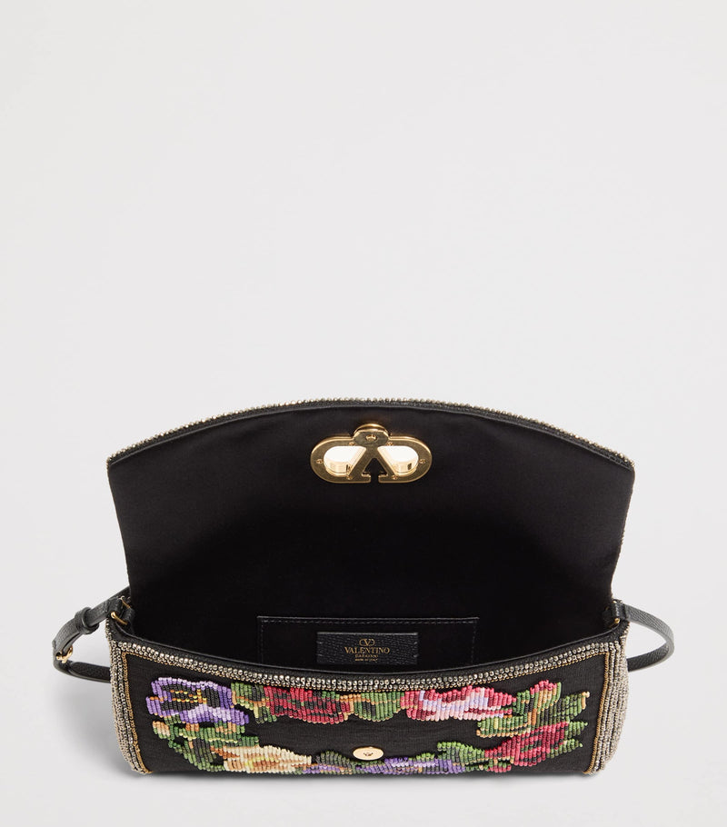 Valentino Garavani small linen embellished DeVain shoulder bag, imported from the UK