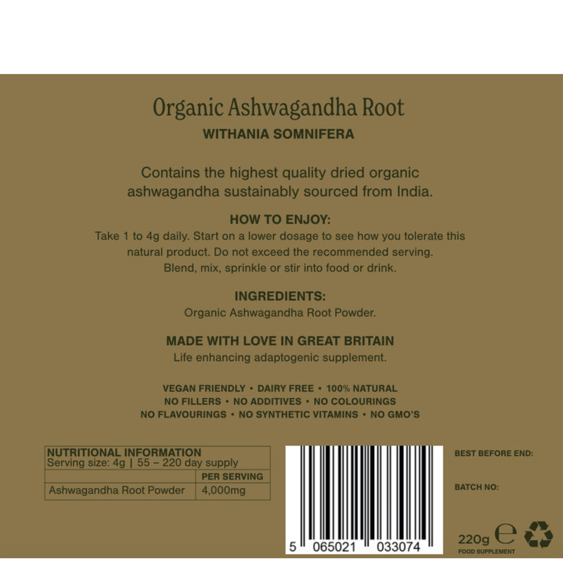 Adaptogenic Apothecary organic ashwagandha root powder, UK version