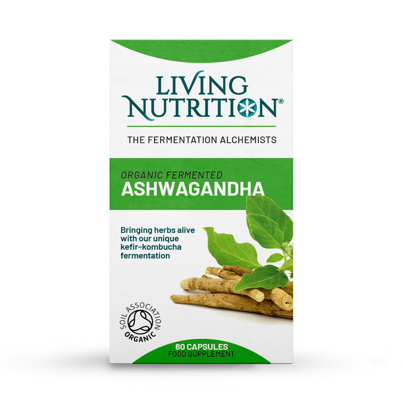 Living Nutrition organic fermented ashwagandha capsules 60, imported from the UK