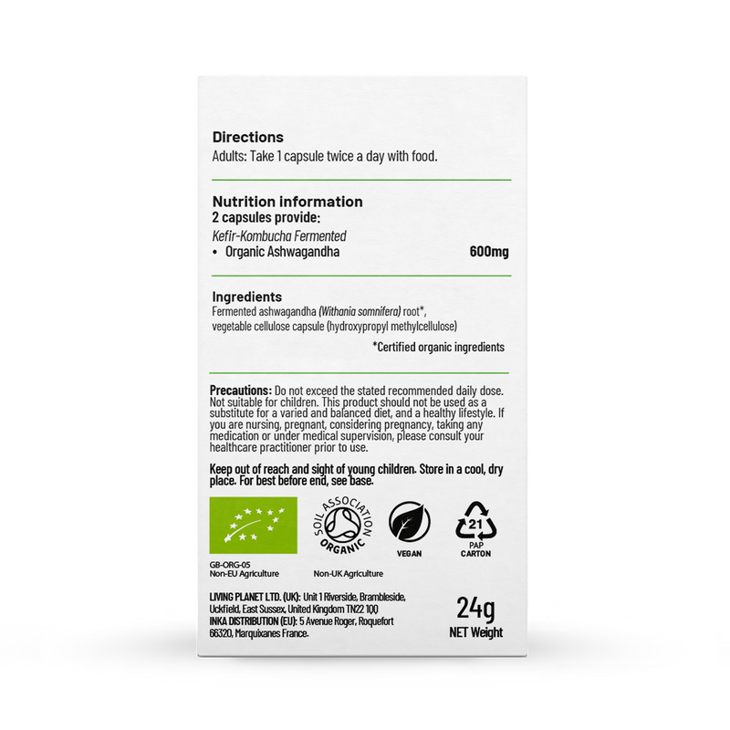 Living Nutrition organic fermented ashwagandha capsules 60, imported from the UK