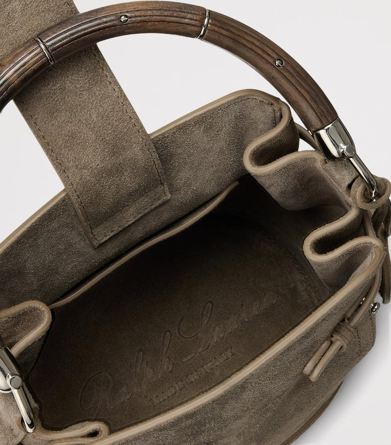 Ralph Lauren suede bucket bag with burl-wood handle, imported from the UK