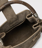 Ralph Lauren suede bucket bag with burl-wood handle, imported from the UK
