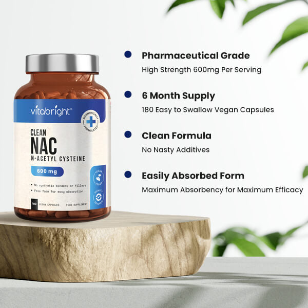 VitaBright NAC 600mg supplement capsules, imported from the UK