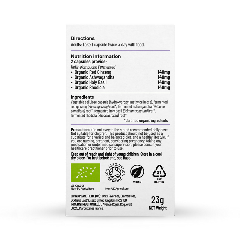 Living Nutrition organic ferment adaptogens capsules 60 count, UK version