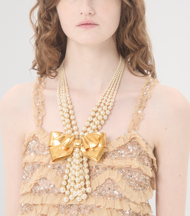 Valentino Garavani faux pearl layered necklace with brass bows, UK version