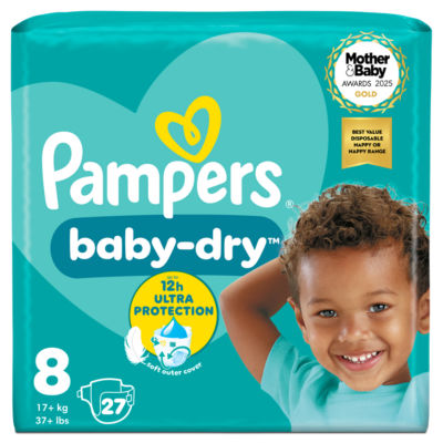 ASDA Pampers Baby-Dry Size 8 Baby Nappies 27 Pack for 17kg+- Buy online at McGrocer