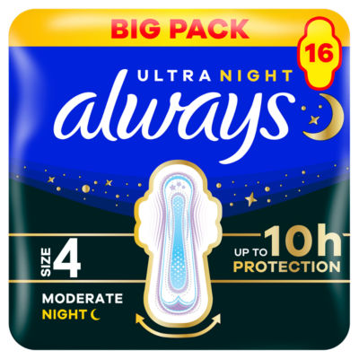 Always moderate night sanitary towels size 4 with wings, 16 pads - British product