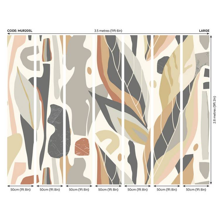 Origin Murals abstract leaf shapes grey wall mural, imported from the UK