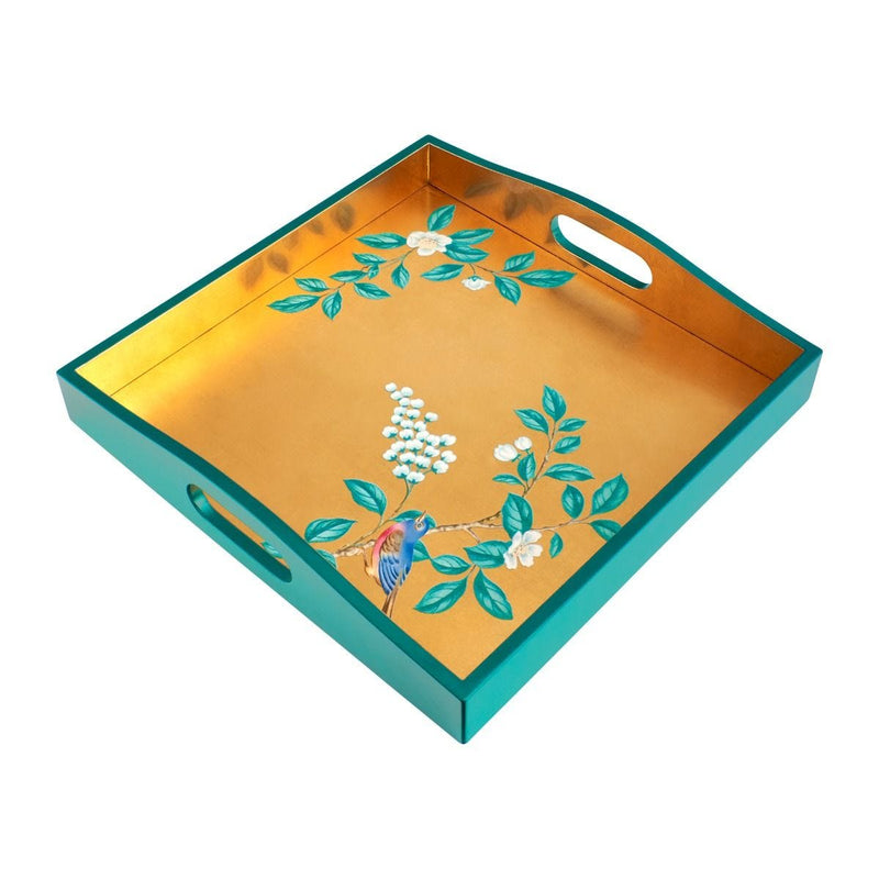 Camellia tea tray with bluebird motif, wooden lacquered, UK version