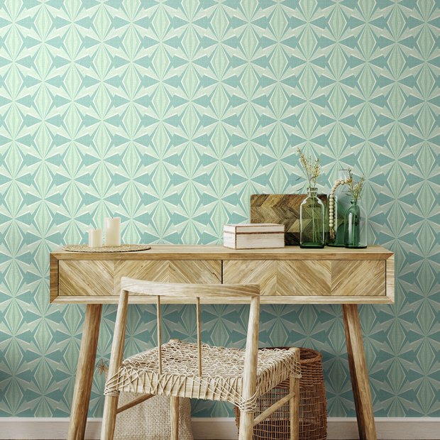 Hoopla Walls Sunray Diamond teal blue wallpaper roll, UK version