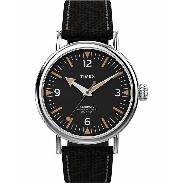 Timex Standard watch black dial leather strap 40mm, UK version