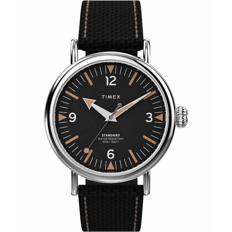 Timex Standard watch black dial leather strap 40mm, UK version