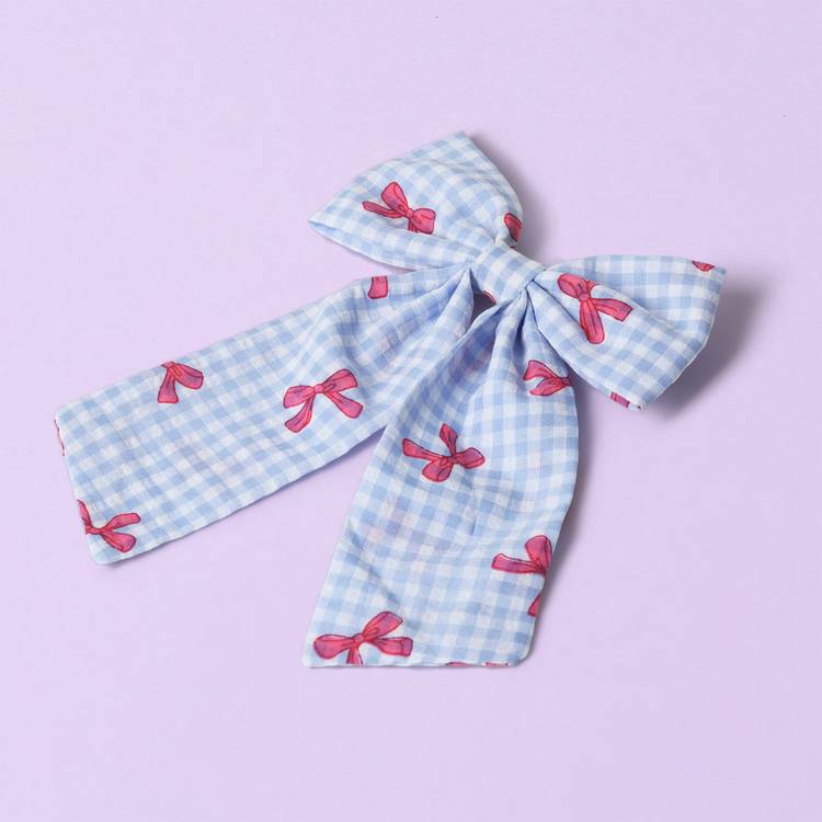 Flitzy gingham hair bow with red bow print, imported from the UK