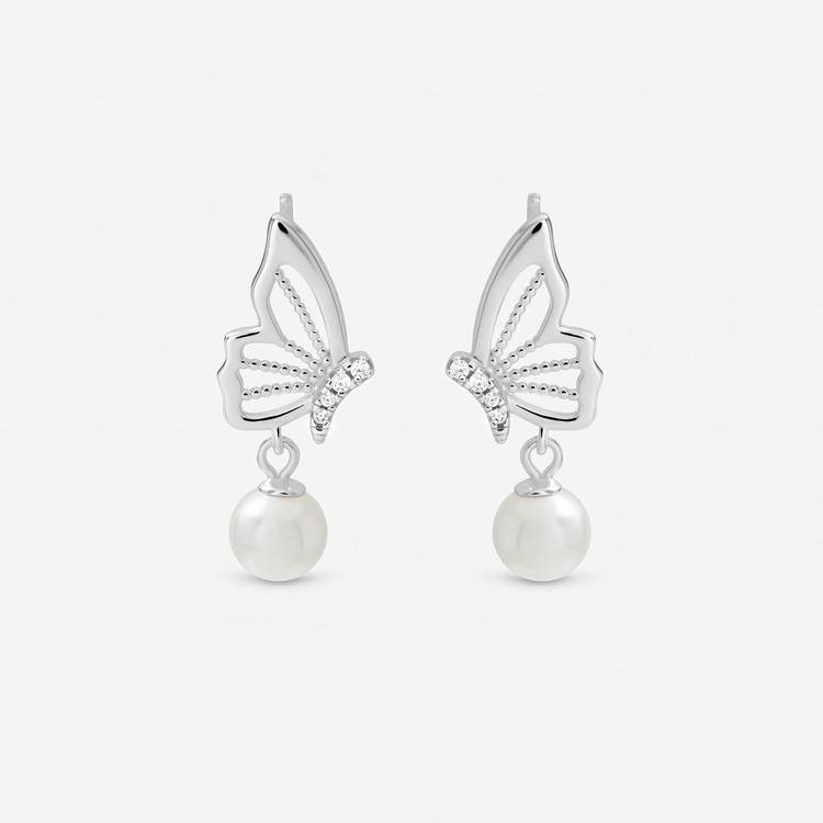 Inicio silver plated butterfly pearl drop earrings, imported from the UK