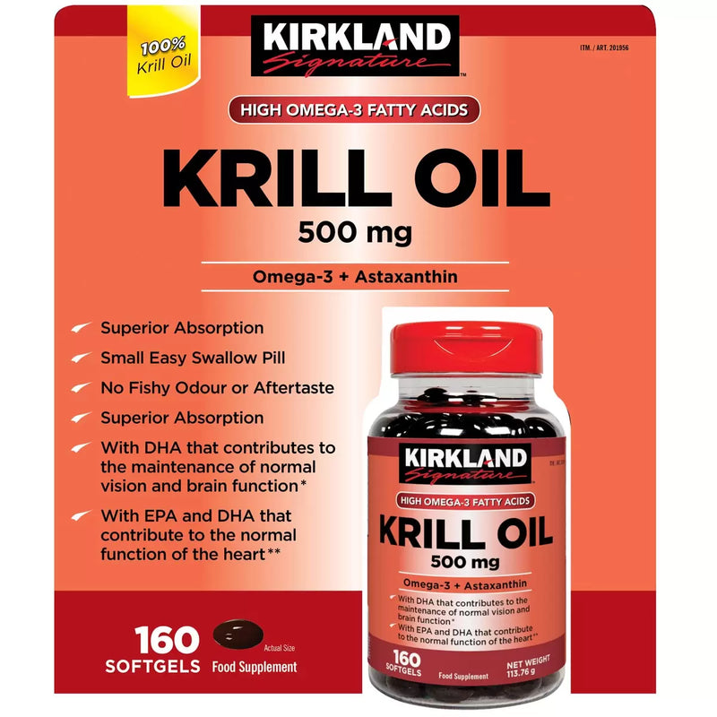 Kirkland Signature Krill Oil 500mg 160 Capsules, UK version