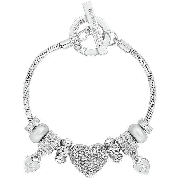 Lipsy silver tone pave heart charm bracelet (British brand)