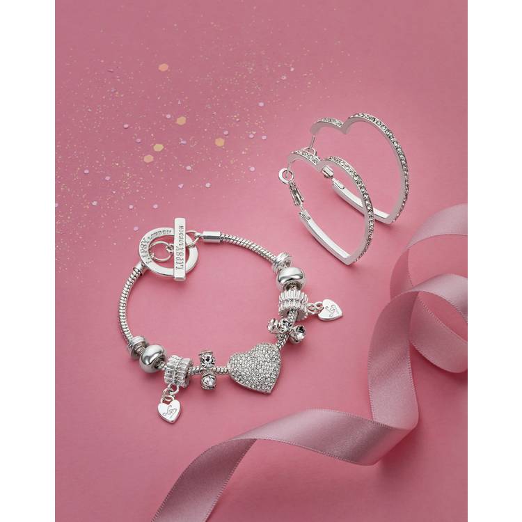 Lipsy silver tone pave heart charm bracelet (British brand)