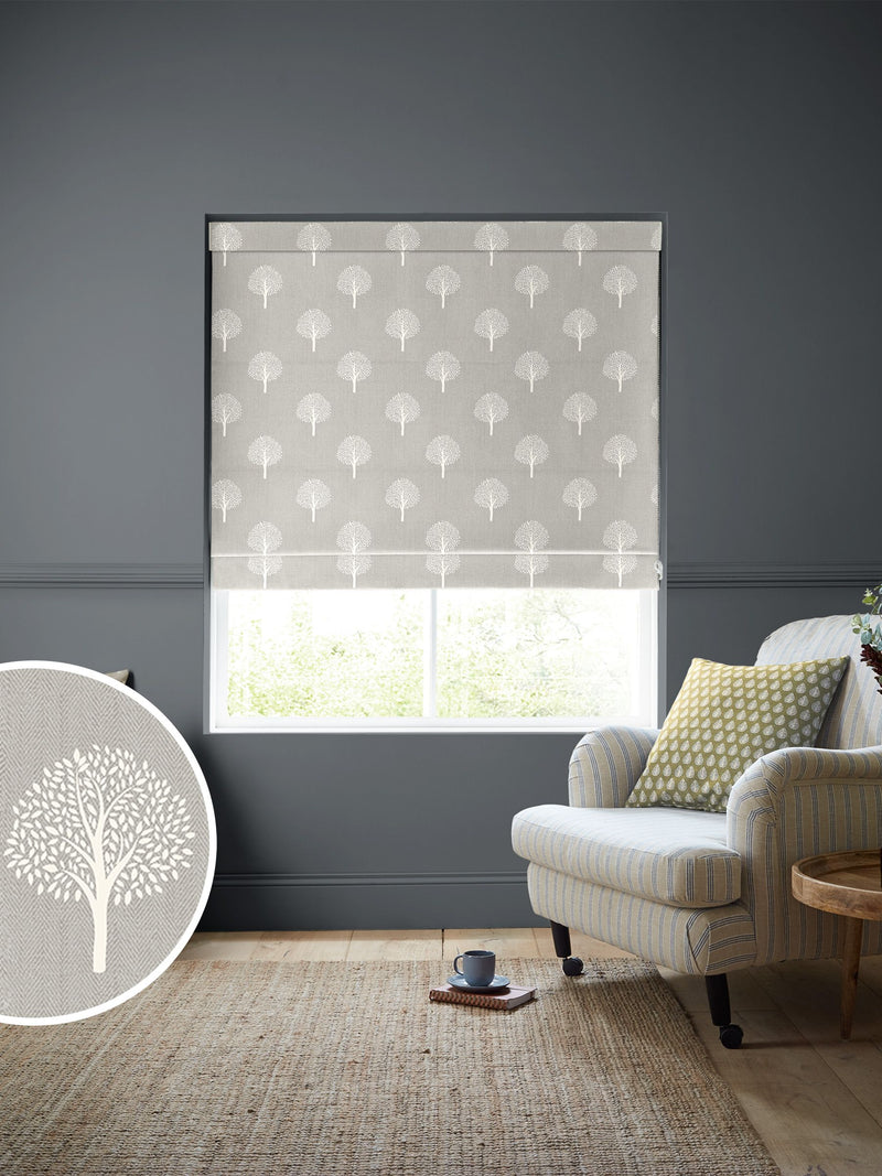 Emily Bond Pebble Grey roman blind Yew Tree pattern - British product