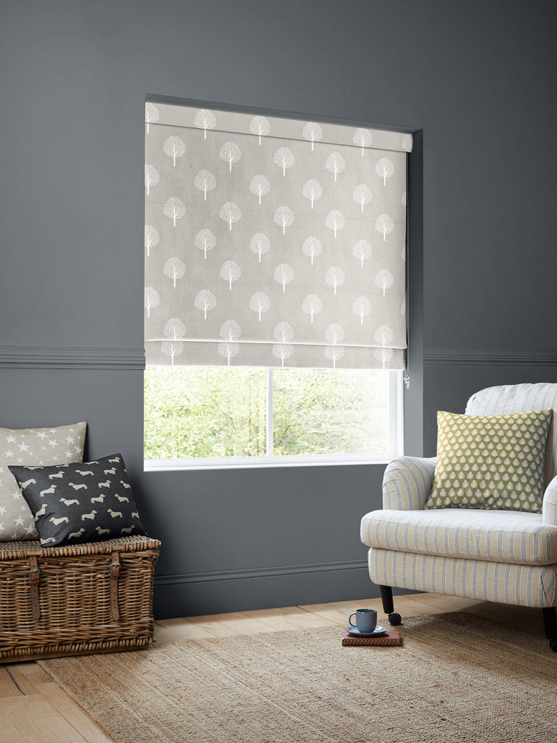 Emily Bond Pebble Grey roman blind Yew Tree pattern - British product
