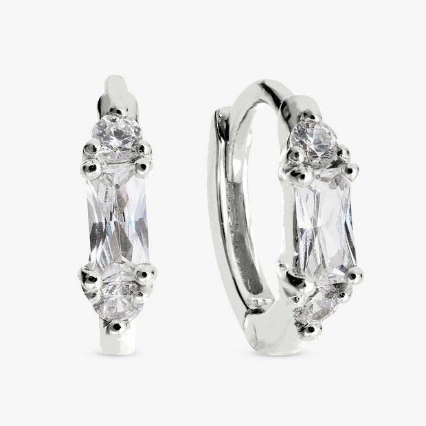 Revere sterling silver baguette-cut cubic zirconia huggie earrings (British brand)