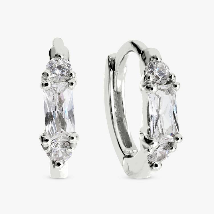 Revere sterling silver baguette-cut cubic zirconia huggie earrings (British brand)