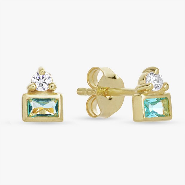 Revere gold plated silver stud earrings with blue stone, UK version