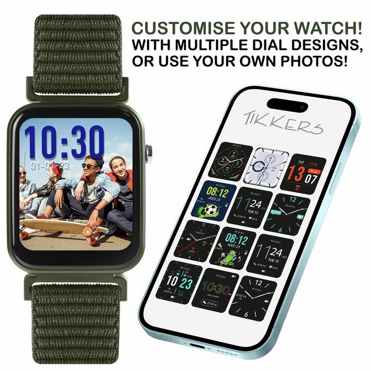 Tikkers Series 13 smart watch with khaki strap, imported from the UK