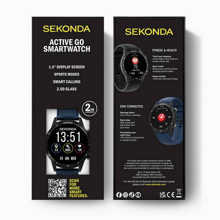 Sekonda Active Go smartwatch with blue silicone strap, imported from the UK