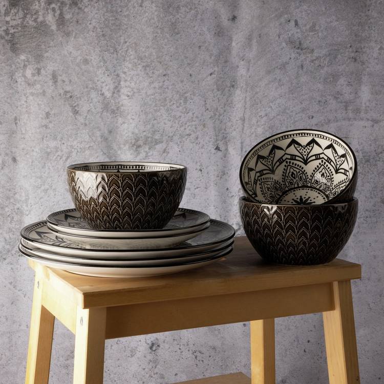 Code Maison ceramic Inari dinner set black 12 piece, imported from the UK