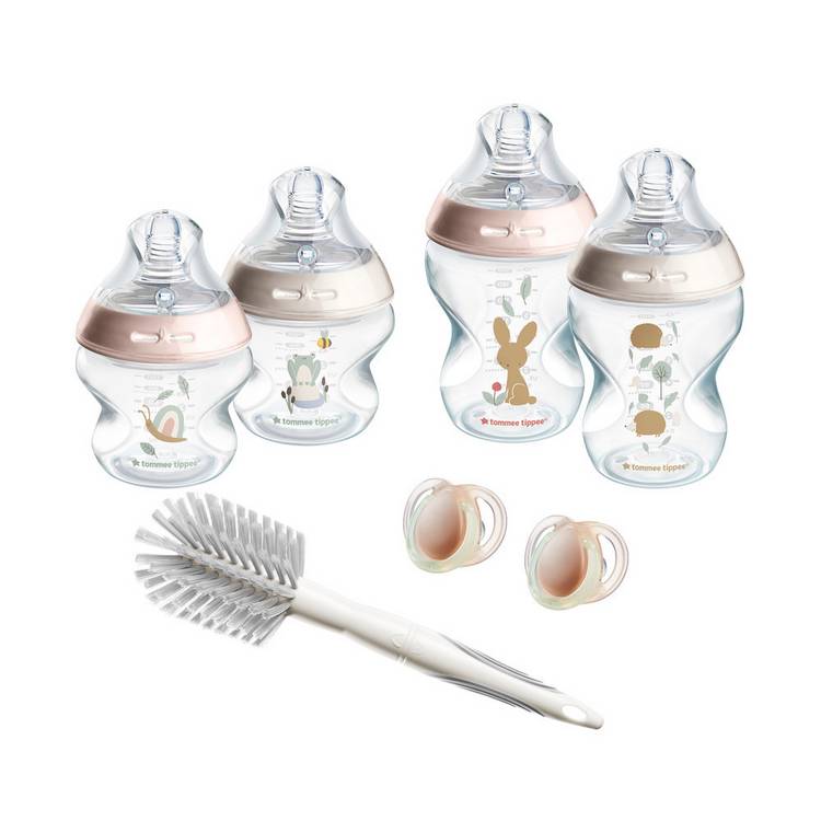 Tommee Tippee pink baby bottle starter kit, imported from the UK