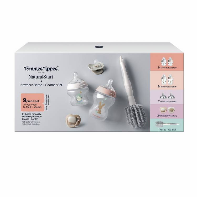 Tommee Tippee pink baby bottle starter kit, imported from the UK