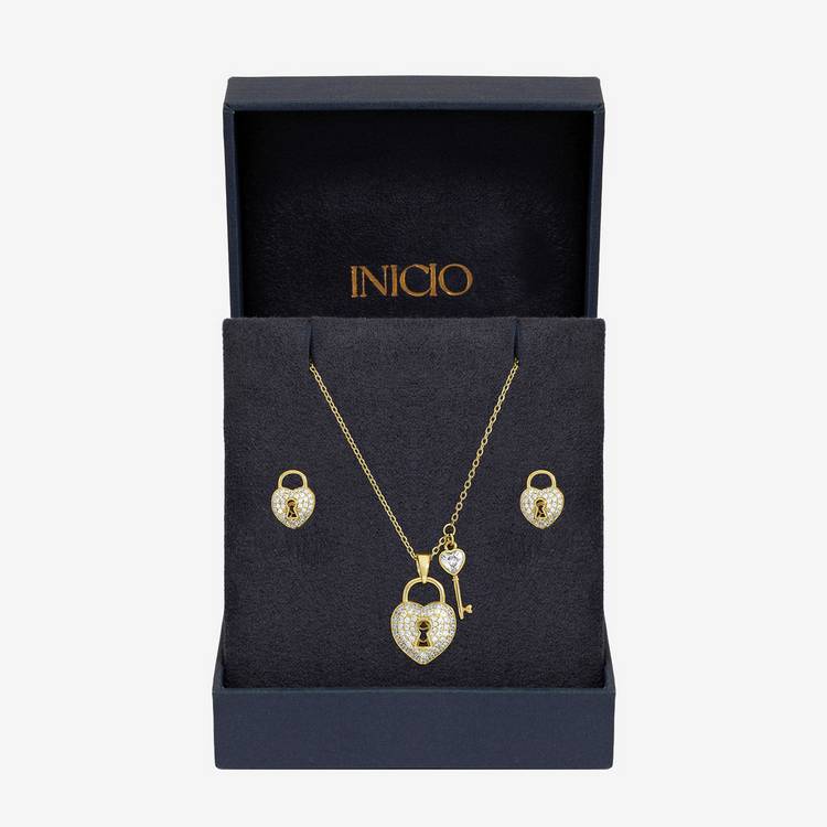 Inicio gold plated padlock heart pendant and earrings set (British brand)