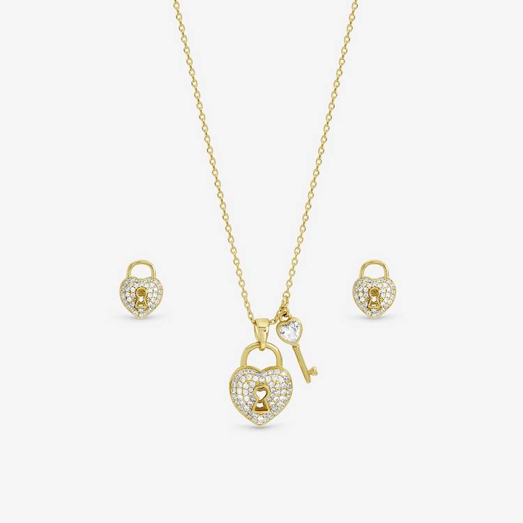 Inicio gold plated padlock heart pendant and earrings set (British brand)