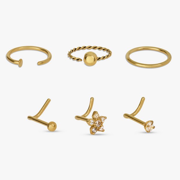 Revere gold coloured nose studs and hoops set of 6 (British brand)