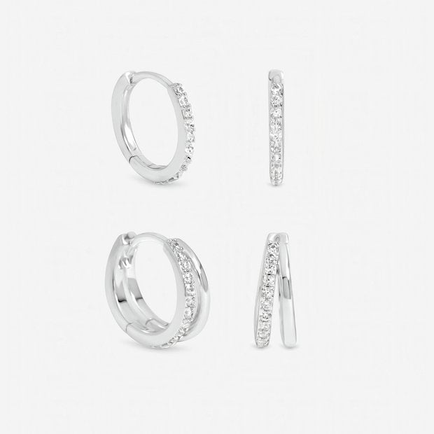 Inicio silver hoop earrings set crystal pave polished (British brand)