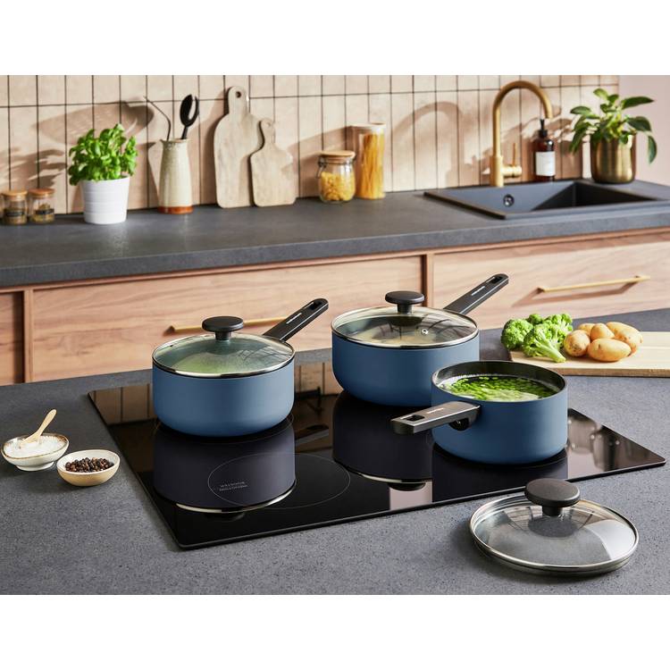 Morphy Richards blue aluminium saucepan set 3 piece, UK version