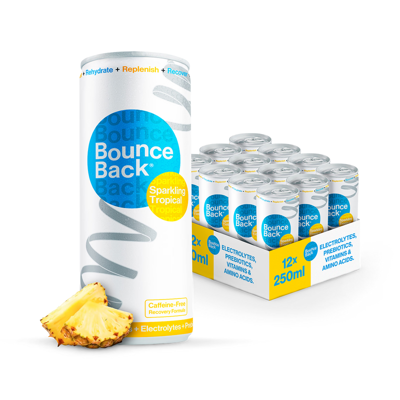 Bounce Back tropical recovery drink case of 12 250ml cans, imported from the UK